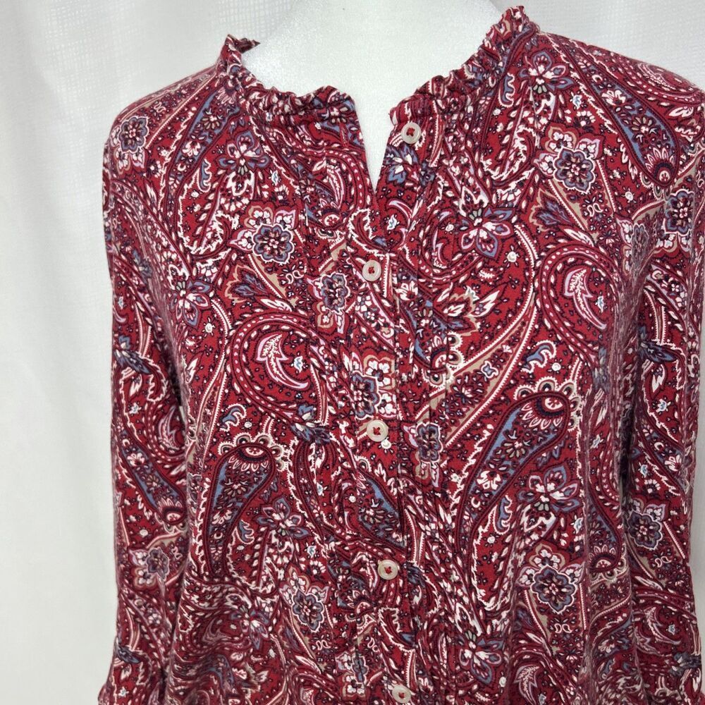 Lands End Women’s Top Size Small Red Paisley Ruffle Neck Sleeves Button Up - Picture 2 of 11